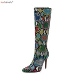 Knee High Boots for Women Sexy Stiletto Snakeskin Print Fashion Thin High Heels Shoes US Size
