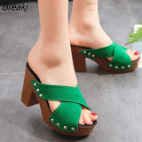 Women Sandals 2020 New Square High Heel Platform Flock Casual Rivet Pumps Peep Toe Female Elegant Ladies Shoes Zapatos De