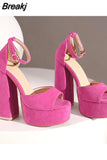 High Heeled Women's Sandals New Fashion 2023 Summer Ankle Buckle Flock Sandals European Style Sexy Party Banquet