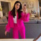 Sleeve Blazer Pant Sets Women Fashion Single Button Jacket Zipper Trousers Autumn Winter Office Outfits Outwear