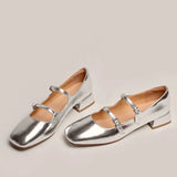 2023 Spring French Retro Shallow Mouth Thick Heel Dress Shoes Fashion Silver Square Head Mary Jane Ballet Shoe Low