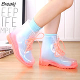 Women Rain Boots Mature Lady Lace Up Waterproof Lady Shoes Rubber Transparent Candy Colors Ankle Outdoor Girl's Fashion