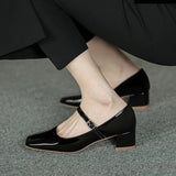 Autumn Women Buckle Mary Janes Shoes Patent Leather Dress Shoes High Heels Pumps Retro Ladies Shoe Black