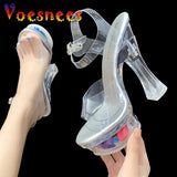 Women Sandals Female Model T Station Catwalk Sexy Crystal Transparent Women Shoes 14CM High Heels Waterproof Square Heel