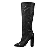 Breakj 2023 New Winter Pointed Thick With High Heel Star Diamond Fashion Show And Knee Boots Women's