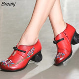 Women Embroidery Pumps Grey Lady 6CM High Heels Shoes Handmade Women Genuine Leather Pumps Autumn