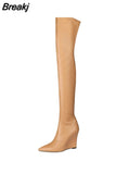 Elegant Woman Thigh High Botas Outdoor Wedges Leather Slip-on Ladies Shoes Thick Bottom Over-knee Boots Big Size