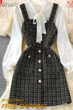 Women Two Piece Set 2023 Korean Fashion Bowtied Collar White Blouse and Spaghetti Strap Single Breasted Mini Tweed Dress