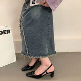 Thick-Heeled Sandals 2024 Spring And Summer Korean Version Of The New Medium-Heeled Lacquered Leather High-Heeled Shoes Tripped With Bright Leather