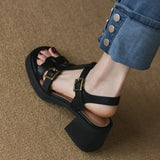 Sandals Female Middle Heel 2024 Summer Real Soft Leather Waterproof T-Shaped Buckle With Open-Toed High
