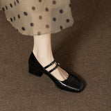Silver Mary Jane Shoes 2024 Spring And Autumn Thick Heels With One Word Buckle Shallow Mouth Heel Single