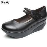 Women Genuine Leather Shoes Casual Wedge Shoes Ankle Straps Shallow Mouth Shoes Platform Soft Sole Lady Swing