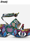 Women's Platform Sandals Wedges Heels High Heel Shoes Gray Snake Veins Leisure Footwear Chunky Heels Comfy Women
