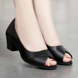 Leather Comfortable Ladies Mid Heel Sandals Women Shoes Hollow Peep Toe Square Heel Sandals Woman