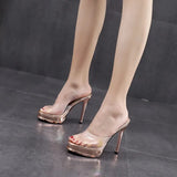 Women Summer 2023 Sexy high-heeled Slides Nightclub Waterproof Ladies Sandals Black Thick Bottom Fine Heel 12cm