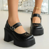 High Heels Mary Jane Shoes for Women White Patent Leather Platform Pumps Woman Ankle Strap Chunky Heel Uniform Dress