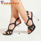 Summer New Slim Heel Sandals European And American Fashion Crystal High Heels 11CM Ankle Buckle Strap Hollow Out Rome