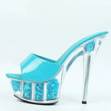 Women Slippers Fashion Flowers Platform Walk Show Model Sandals Summer Outdoor Thin High Heels 14.5CM Transparent Crystal