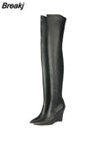 Elegant Woman Thigh High Botas Outdoor Wedges Leather Slip-on Ladies Shoes Thick Bottom Over-knee Boots Big Size