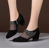 Women High Heel Shoes Fashion Mesh Breathable Pumps Pointed Thick Heels Female Dress Shoes Rhinestone Elegant