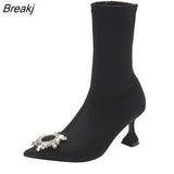Women Ankle boots Autumn Spring Black Comfortable Slip On Soild Triangle Heeled Office Lady Shoes High heels Sock