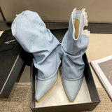 Toe Pleated Cowboy Boots for Women Fashion Tassel Thick High Heels Mid Calf Boots Woman Slip On Blue Denim Botas