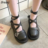 Women Shoes Sweet Lolita Shoes Platform Round Head Thick Heel Cross Bandage Kawaii Shoes Cosplay Mary Jane Shoes Heart