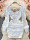 Autumn Winter Velvet Dress for Women Sexy Chain Criss Cross V-neck Long Sleeve High Waist Folds Mini Party Dress