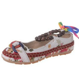 Size Flat Shoes Woman Beaded Strap Women Colorful Back Lace up Fashion Ladies Floral Cotton Fabric Women's