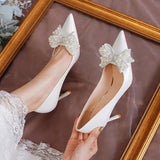 Luxury Pearl Bowknot Wedding Pumps Women Sexy Stiletto Heels Party Shoes Woman Silk Pointed Toe Rhonestone Pumps