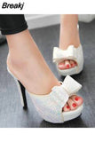 Bling Women Mules Shoes Sandals Summer With Butterfly-knot Sexy Super High Heel Slip-on Women Shoes Big Size
