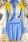 Sexy Zipper up Stand Collar Long Sleeve Knit Sweater Dress Women Elegant Color Block Slim Bodycon Party Club Mini