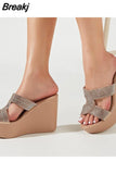 Summer 2023 New Arrivals Women's Sandals Peep Toe Wedge High Heels Slipper Shiny Rhinestones Comfy Walking