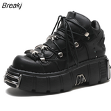 for Women's New Rock Shoes Gothic Chunky Platform Ankle Boots Punk Style Heels Height 6CM Sneakers Lace-up PU Metal