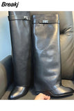 Design Shark Lock Women Boots Sexy Slip-on Knee High Boots For Woman Motorcycle Botas Mujer Genuine Leather Wedge