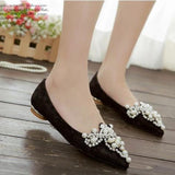 Crown Pearl soft Flats Wedding Shoes Pointed Toe Women Dress Moccasins Low Pearl Heel Ladies Fashion Luxury plus size