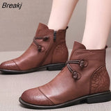 Autumn Winter Genuine Leather Flat Ankle Boots For Women Warm Boots Side Zipper Soft Comfortable Cow Leather