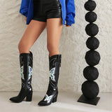 Big Size 34-43 Women Knee High Boots Cowboy Autumn Thick High Heels Pointed Toe Retro Butterfly Long Boots Shoes
