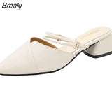 Party Women Mules Slipper Pointed Toe Block Strap Closed Shallow High Heels Shoes Sandals Black Beige Square heel
