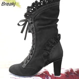 Women Lace Women's High Heel Middle Tube Boots Botas Zapatos Mujer Retro Leather Winter Shoes Booties Cowboy Botas