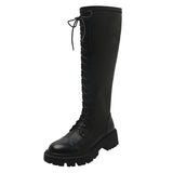 Autumn Winter Brown Knee High Boots Women Pu Leather Platform Long Boots Woman Lace Up Thick Heels High Tube