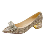 Crystal Bowknot Pumps Women 2023 New Thick Heels Rhinestone Wedding Party Shoes Woman Gold Silver Sequin Pointed Toe