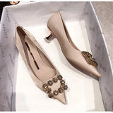 Spring New Women Bridal Shoes Wedding Shoes Faux Silk Satin Rhinestone Crystal Woman Pumps Stiletto Sapato