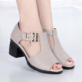 2023 Fashion Sexy Fish Mouth Hollow Roman Thick with Beaded High Heels Female Sandals Sandalias De Las