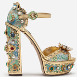 Luxury Brand Women Platform Sandals Crystal Embroidery High Heel Sandalia Feminina Buckle Strap Rhinestone Wedding