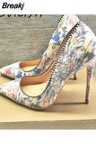 Women 12cm High Heels Pointed Toe Shallow Party Wedding Fashion Print Dress Shoes Plus Size BM002
