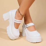 High Heels Mary Jane Shoes for Women White Patent Leather Platform Pumps Woman Ankle Strap Chunky Heel Uniform Dress