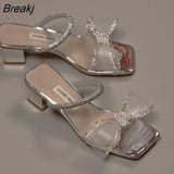 Sandals New Summer Fashion Silver Rhinestone Sandals Shallow Mouth Thick Heel Women's Shoes Fairy One Word Belt Half