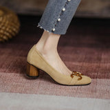 Women Spring Pumps Fasion French Retro Square Toe Brushed Metal Thick Medium Heels Boat Female Slip-on Professional Shoes