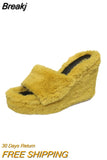 Size High-heeled Furry Slippers for Women's Autumn Winter 2023 New Open-toed Fashion Slope Loafers Fur Slippers